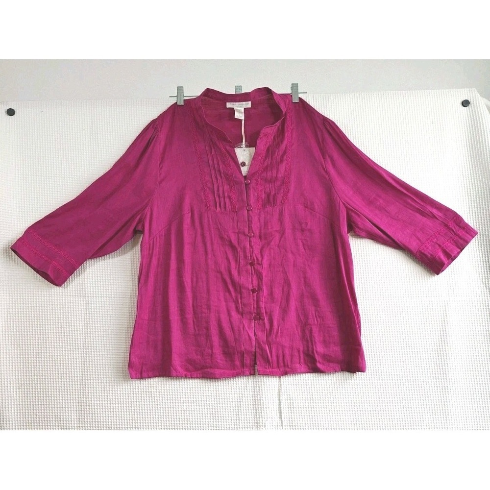 Sarah Spencer Woman Blouse 1X Magenta Linen Rayon Pintuck Button Front 3/4...